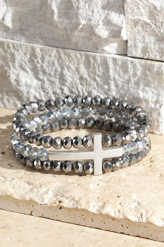 Layered Cross and Glass Bead Stretch Bracelet
