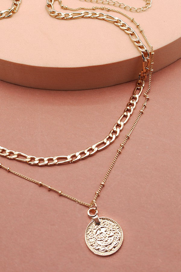 Figaro Gold Layered Chain Link Coin Pendant