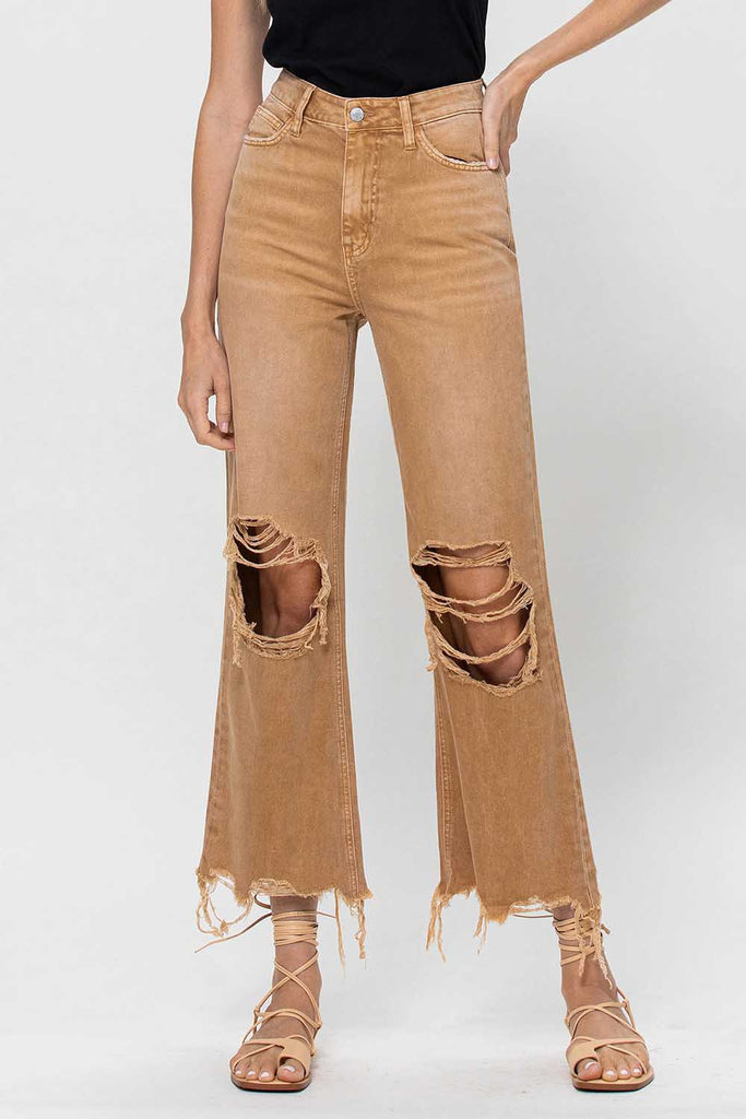 Tan High Rise 90's Vintage Cropped Flare Jeans