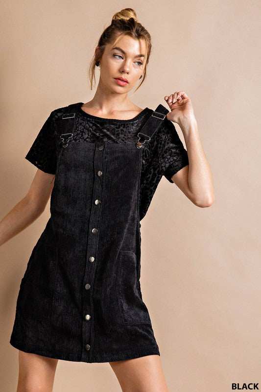 Shelly Black Corduroy Front Button Overall Dress