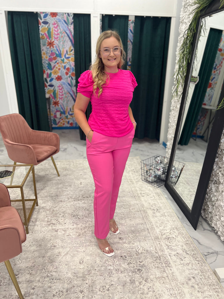 Solid High Waist Hot Pink Dress Pants