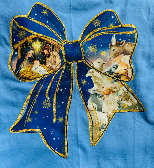 Blue nativity scene bow DTF shirt