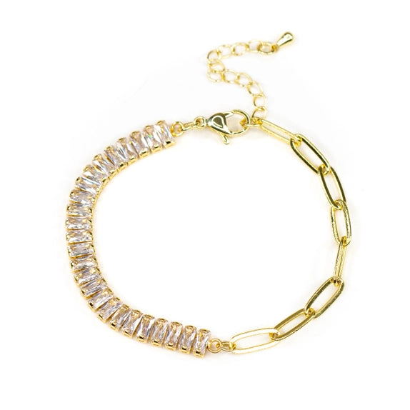 Tennis Cz Baguette and Chain Link 18K Gold Bracelet