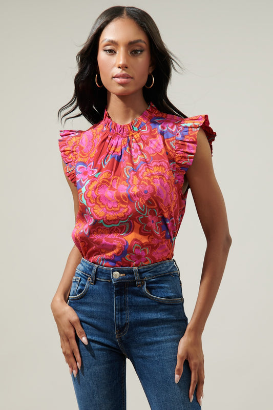 Ruffled Mock Neck Floral Top